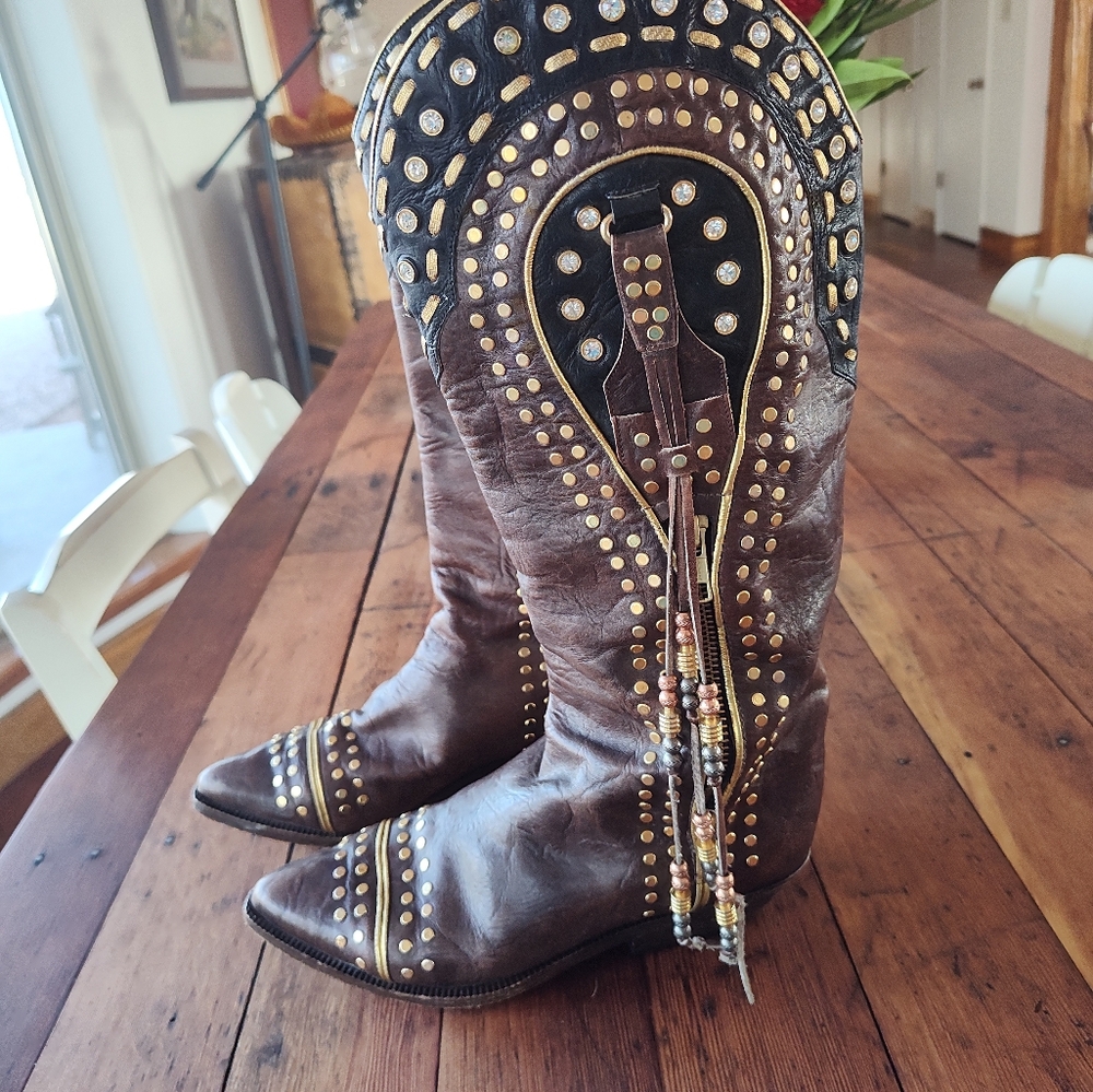 El Vaquero - Studded Rhinestone Tassel Brown And Black Boots- 36.5
